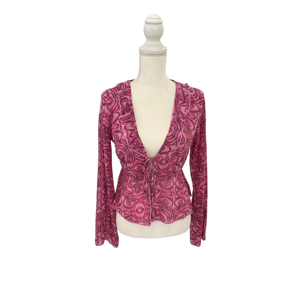 NWT Wild Fable Pink Geometric Print Tie Front Long Sleeve Chiffon Top Size Small - Picture 3 of 14